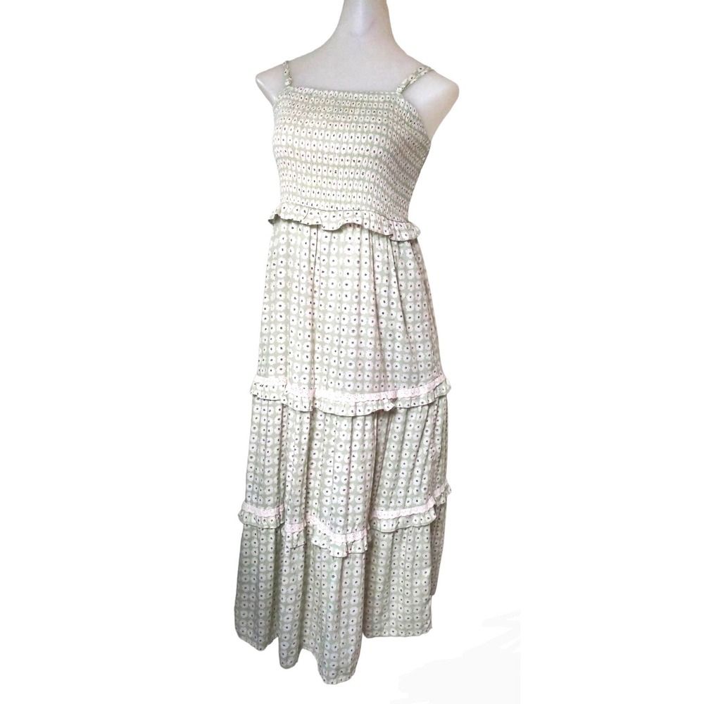 Universal Thread Women's Small Midi Dress Smocked Tiered Skirt Green Patterned